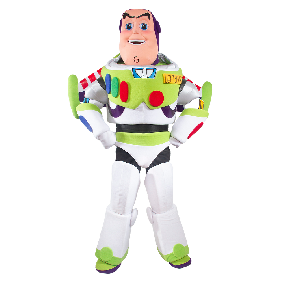 Buzz Lightyear suit with neon green and purple highlights, chest control panel, wing pack and oversized boots. He enters with his signature stance, greeting the crowd like a true Space Ranger.