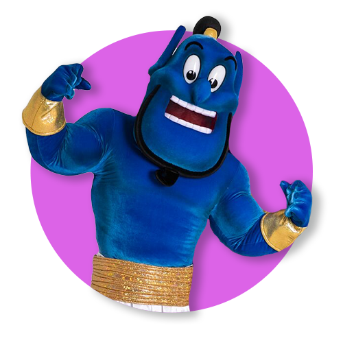 A bright blue Genie mascot arrives brimming with charm, playful banter, wish-themed games, and big photo moments for a lively celebration.