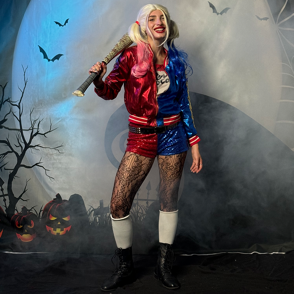 Harley Quinn, in her signature red and blue outfit, with playful energy, is perfect for thrilling birthday events.