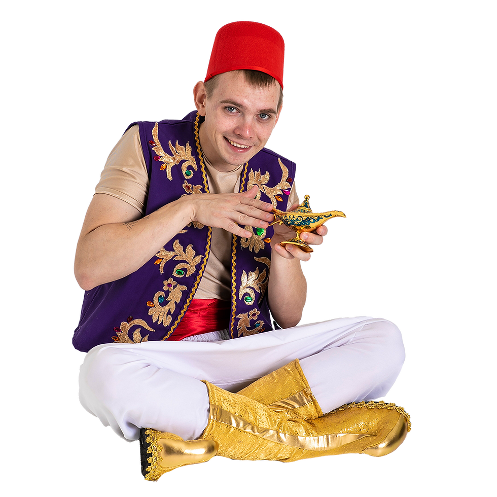 Aladdin is a lively hero who brings magic, fun, and adventure with his lamp, quick wit, and love for exciting games. He became a prince later on, but now he is a street thief.