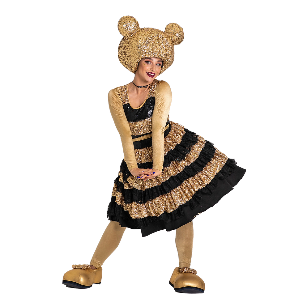 Queen Bee from LOL Surprise shines in black-and-gold sparkle, leading upbeat games and photos while keeping kids engaged with confident charm.