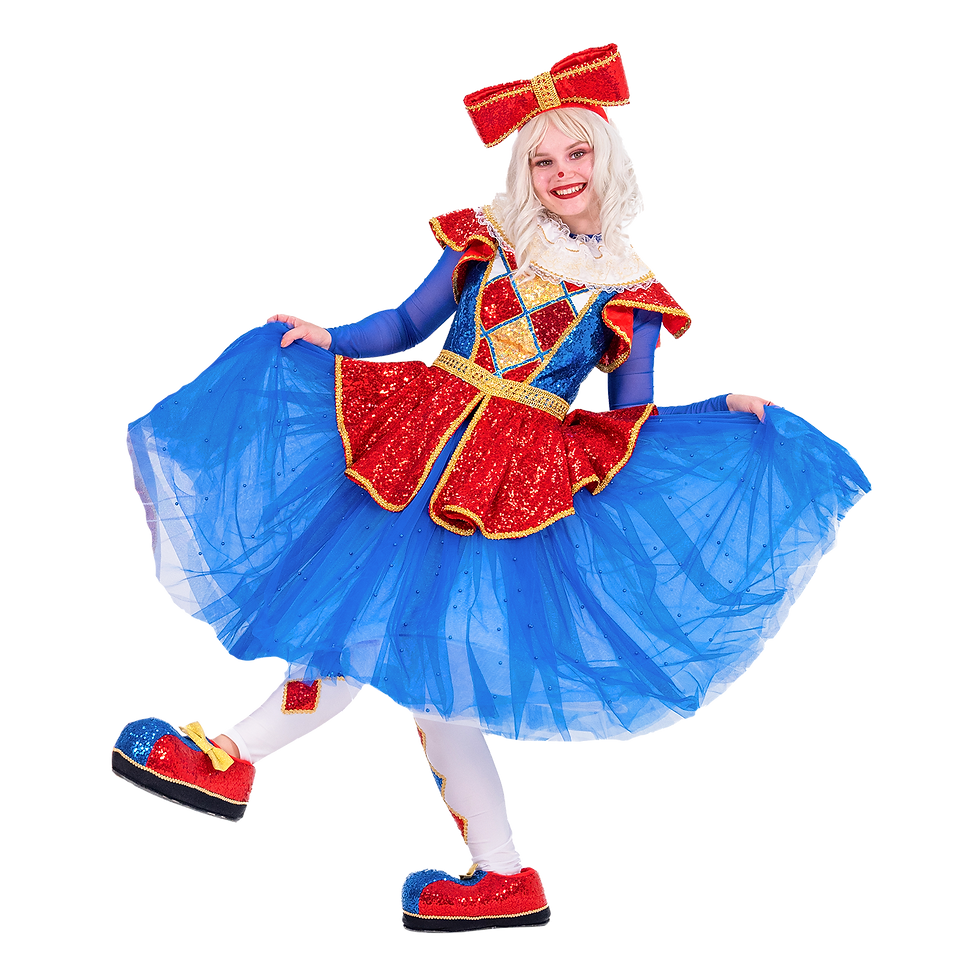 Clown Tina shines as a carnival doll in a red bow, sparkling harlequin top, and wide blue tutu skirt, playful and photo-ready for parties.