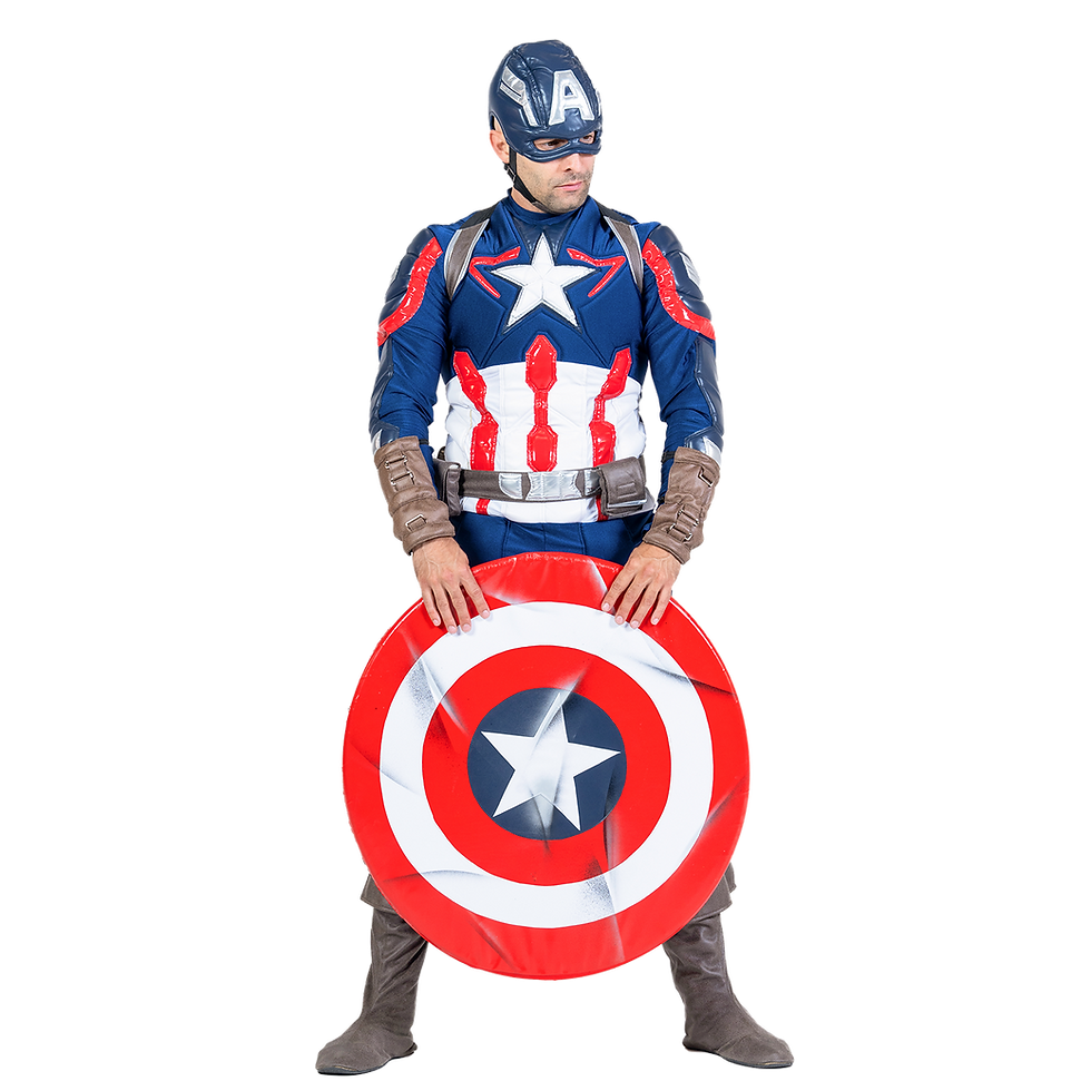 Captain America leads with courage and an iconic shield, bringing heroic training, teamwork games, and bold poses to kids' parties.