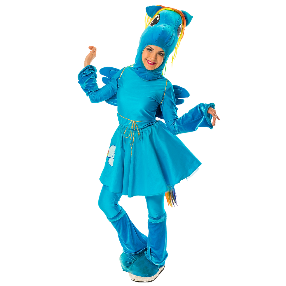 Rainbow Dash from My Little Pony is a party character with bold colors and wings, leading speed games, flight play, and lively challenges.