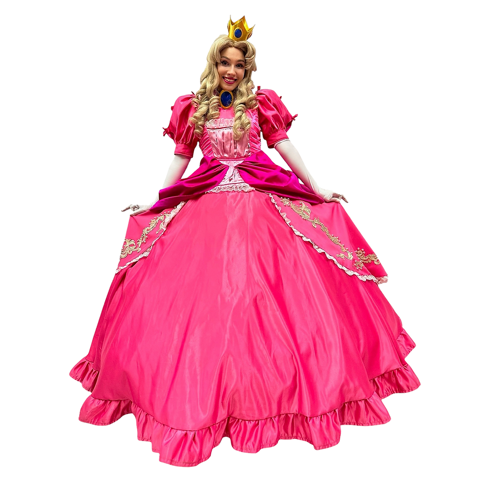 Elegant Princess Peach from the Super Mario series brings royal charm to Los Angeles celebrations with her bright pink gown and warm smile.
