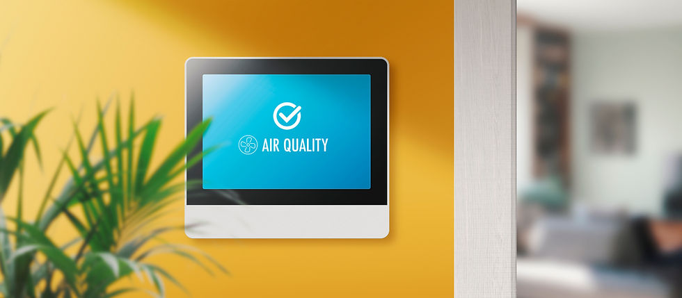 Eye-level view of an indoor air quality testing device on a table