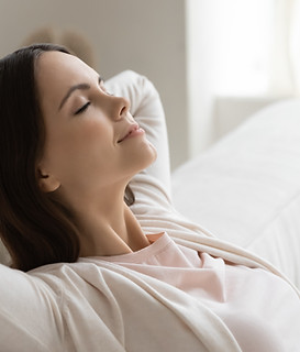 Weekend at least! Tranquil peaceful millennial female enjoying freedom dreaming relaxing o