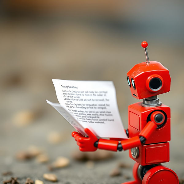 A small red robot reading the Terms and conditions.jpg
