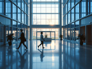 Two people walking in a sunny atrium