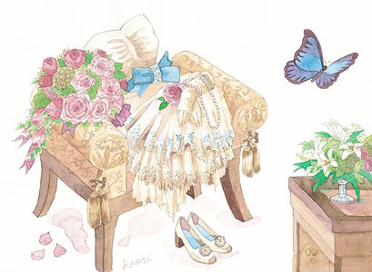 ソファにかけられたウェディングドレスの水彩イラスト
