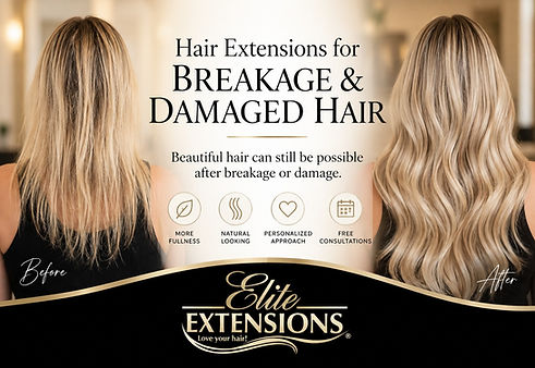 Before and after hair extension results for damaged, breaking hair at Elite Extensions in Highland, Michigan.