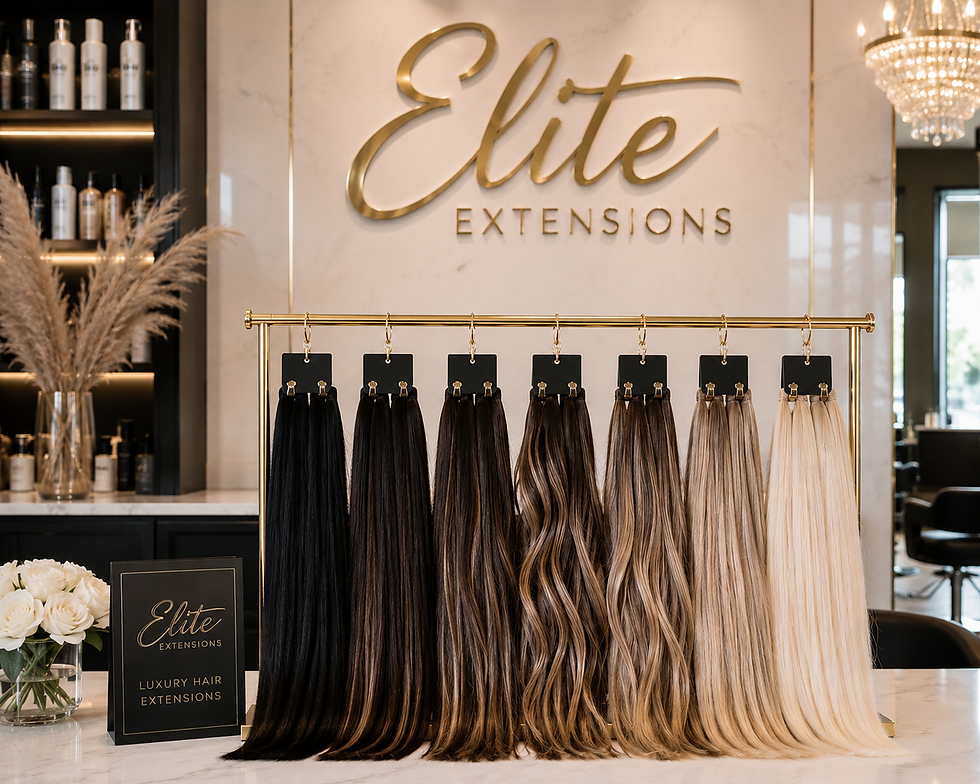 Display of luxurious hair extensions at Elite Extensions, showcasing a variety of shades from deep black to platinum blonde.