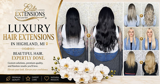 Elite Extensions luxury hair extensions before and after in Highland, MI, showing long dark hair transformation and blonde balayage extension results.