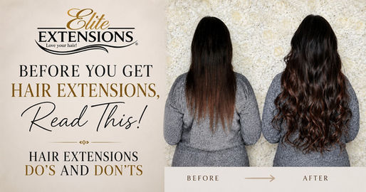 Before and after hair extension transformation by Elite Extensions, showing short dark hair on the left and long, wavy, dimensional brunette hair with reddish balayage on the right.