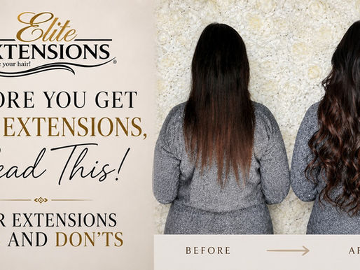 Before and after hair extension transformation by Elite Extensions, showing short dark hair on the left and long, wavy, dimensional brunette hair with reddish balayage on the right.