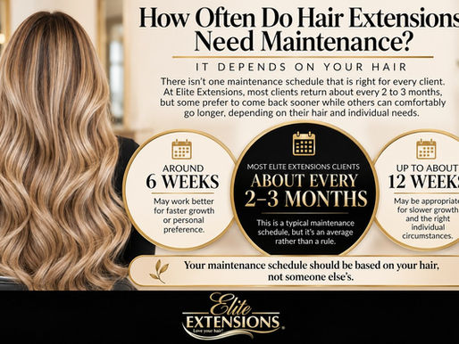Infographic on how often hair extensions need maintenance, showing a typical schedule of every 2 to 3 months, ranging from 6 to 12 weeks depending on hair growth, from Elite Extensions.