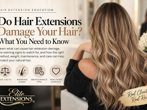 Woman with long balayage hair extensions by Elite Extensions, featured image for a blog post explaining whether hair extensions damage your hair.