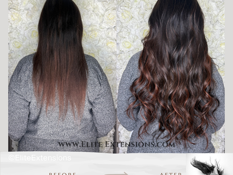 A before-and-after photo of beautiful, long Elite Extensions.  They a dark brown color with red highlights throughout. 