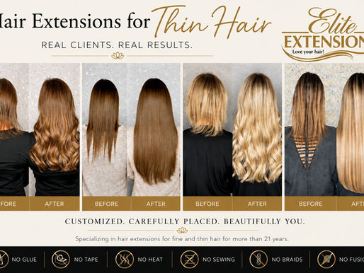 Elite Extensions before-and-after photos showing hair extensions for thin hair across four clients.