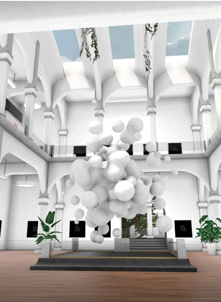 An installation from the Musée Dezentral, a virtual NFT museum. The exhibit is made up of several floating white spheres of different sizes set in an immersive virtual museum space with dark wood floors and white walls. Image via Musée Dezentral.