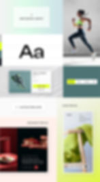 Examples of custom designs and elements created in Wix Studio. A custom template, text theme, eCommerce component and photograph of a woman jogging feature.