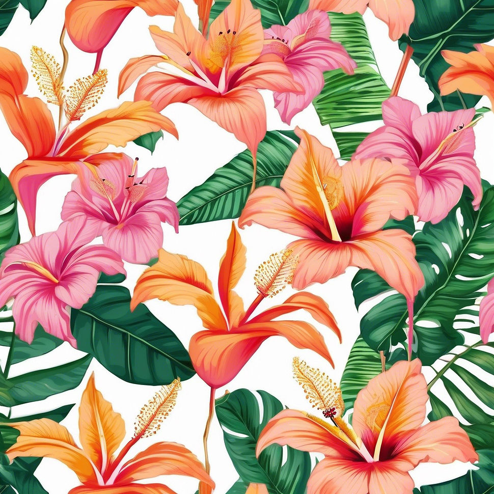 emerald green, pink, peach, and gold birds of paradise, hibiscus, tropical botanicals.jpg