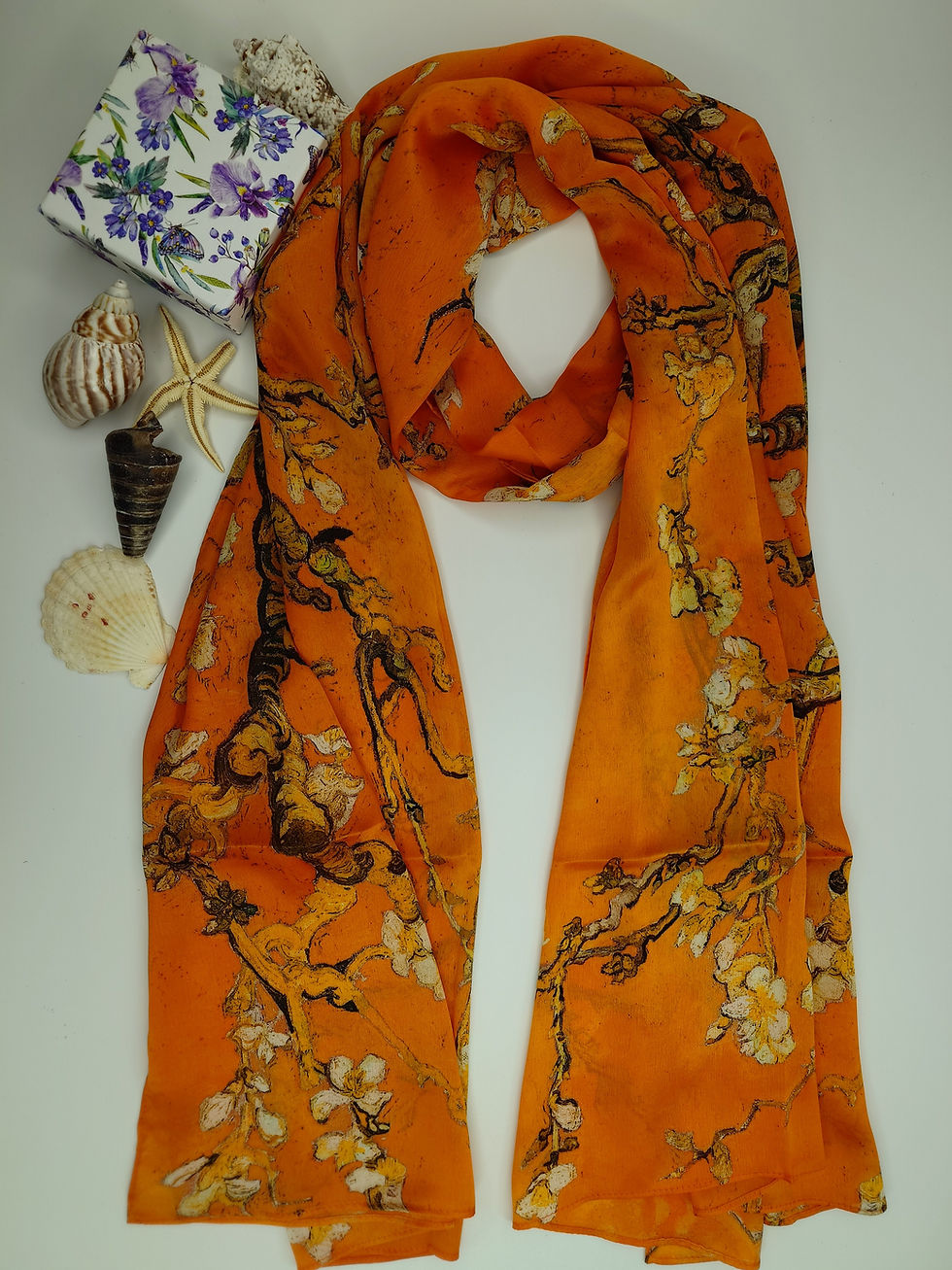 Thumbnail: MutluHan Turkish Scarf - 100% Silk Floral Design | Burnt Orange | Luxurious and