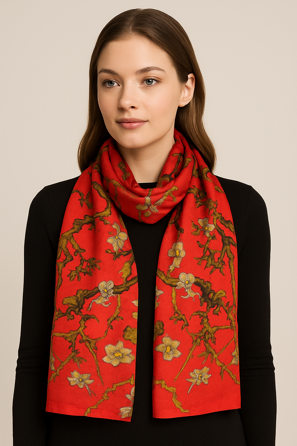 Thumbnail: MutluHan Turkish Scarf - 100% Silk Floral Design | Red