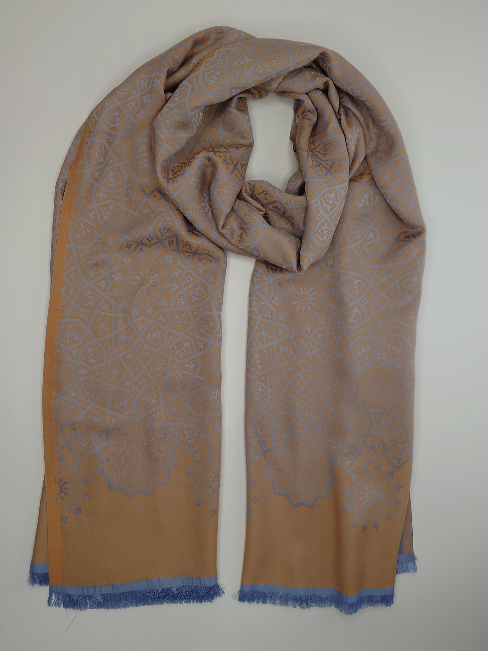 Thumbnail: MutluHan Seljuk Shawl %100 Silk Golden Brown Cool Blue