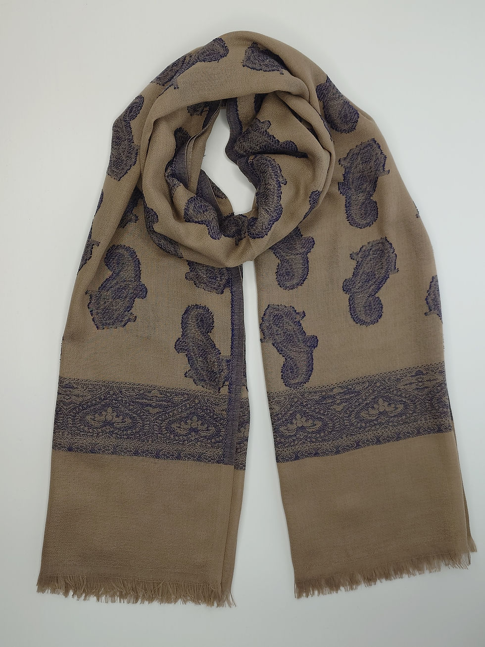 Thumbnail: MutluHan Paisley Shawl %100 Cotton Warm Beige Deep Indigo