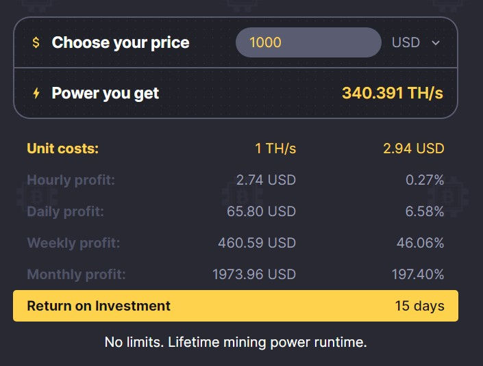 1000 USD Investment with 15 days payback