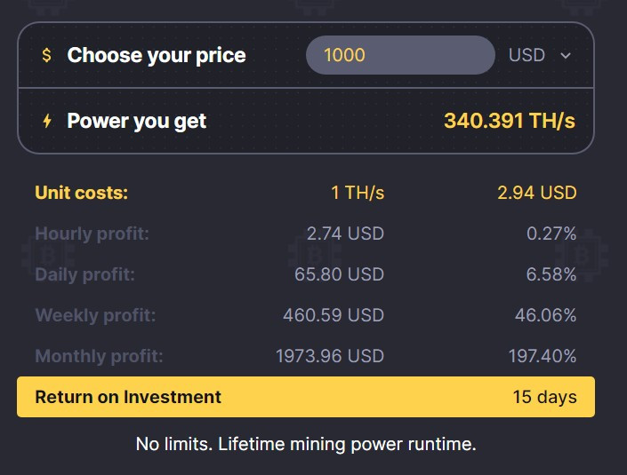 1000 USD Investment with 15 days payback