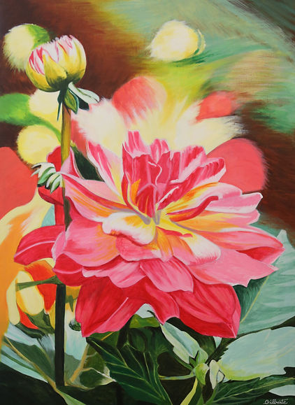 "Dahlias de mon jardin" est une acrylique très lumineuse