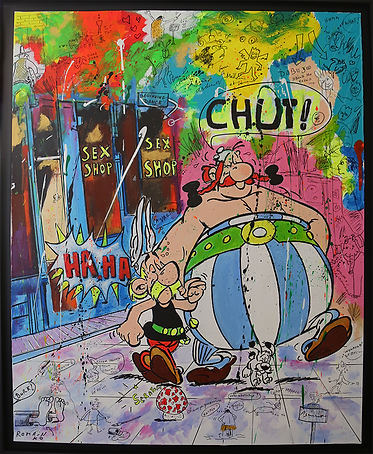 Asterix and Obelix are two famous fictional characters in the history of French comics, a true masterpiece of comedy. Azencott therefore realizes his acrylic on canvas respecting proportions and comedy, in particular by inserting the two comrades in an unusual situation, a Sex Shop. Humor and good humor reach us in the heart, and remind us of our own comics, our moments of laughter from our childhood.