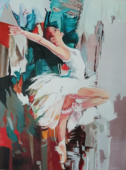 Gilberte Dorard nous propose une somptueuse ballerine dansant gracieusement. Vêtue entièrement de blanc, tel un cygne, elle établi un mouvement sur pointe tendue, tête vers le ciel, au sommet de son art...