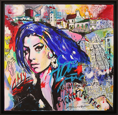 "Amy Whinehouse in Montmartre" is an acrylic painting on canvas measuring 80 x 80 cm and representing the famous singer of jazz, soul and blues. Azencott thus resumes his most striking features: his shimmering eyes and his gaze intensely maintained. The singer in the foreground is surrounded by the monuments of the Montmartre district, incorporating the work into the laudatory collection of the French capital.