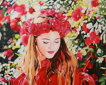 Ce tableau de Gilberte Dorard, nommé "Demoiselle à la couronne de roses" nous expose une magnifique jeune femme portant une couronne de roses rouges tel un diadème. Les yeux fermés et le menton vers le bas, ses cheveux et son visage parfait resplendissent devant un arrière plan incroyablement fourni, totalement rempli de fleurs. C'est un composition exceptionnelle que l'artiste nous propose, avec un jeu de densité et de haute lumière. Éblouissant !