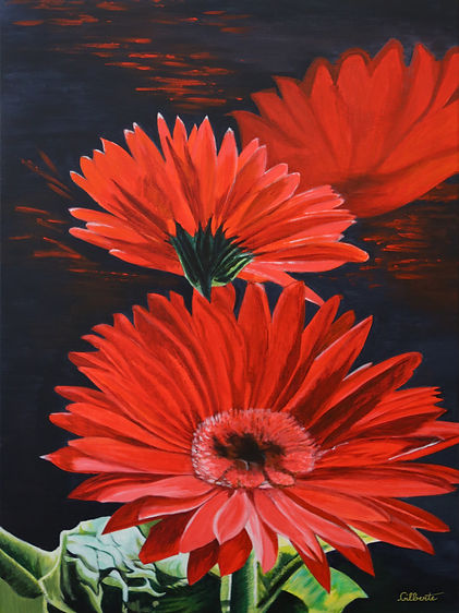 "Les Gerberas" par sa forme solaire et leur couleur rouge évoque la passion, l'amour. Le jeu de lumière que nous porpose Gilberte Dorard est exceptionnel : les pétales s'illuminent ainsi que les feuilles vertes, qui indiquent leur bien-être dans un environnement chaleureux. D'un autre côté, le fond noir et les reflets rougeâtres que l'on peut apercevoir apporte une touche de mystère et donne de la profondeur à la peinture.
