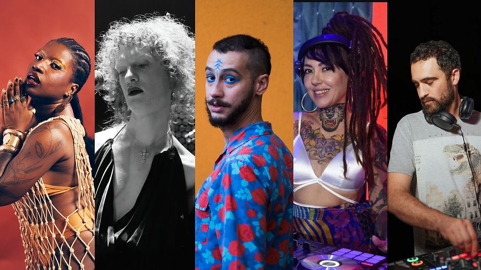 Montagem com retratos de cinco artistas que fazem parte da programação musical da Rua da França – Prudente Cultural, incluindo cantores, performers e DJs.