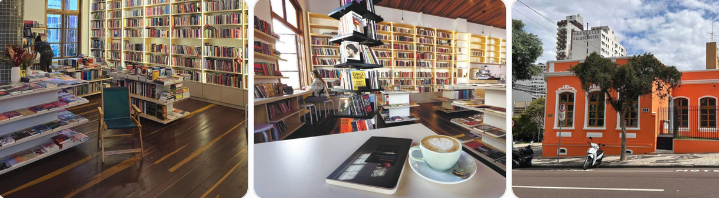 Montagem com três fotografias da Telaranha Livraria, Café & Editora, em Curitiba. As imagens destacam estantes repletas de livros, uma mesa com café em meio ao acervo e a fachada histórica em tom alaranjado que abriga o espaço cultural.