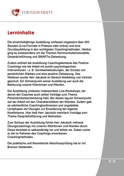 Zertifikat von Marko Jakubzik, welches die Weiterbildung zum Flirt- und Persönlichkeitstrainer belegt (Seite 2).