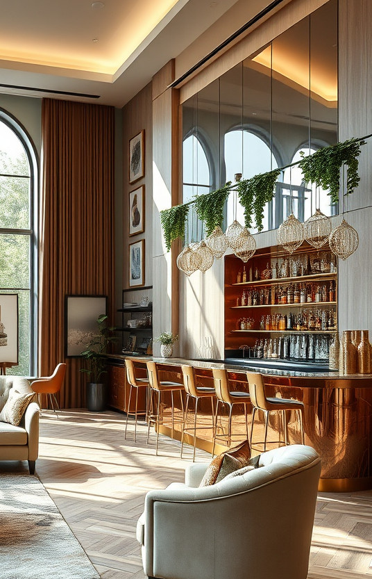 This interior scene displays a chic lounge with a prominent decorative tree, a luxurious b