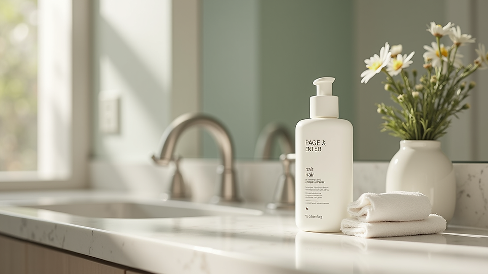 Close-up view of a hair treatment product on a bathroom counter