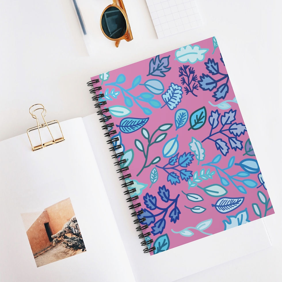 Thumbnail: Pink Spiral Notebook With Blue Leaf Pattern - Ruled Line