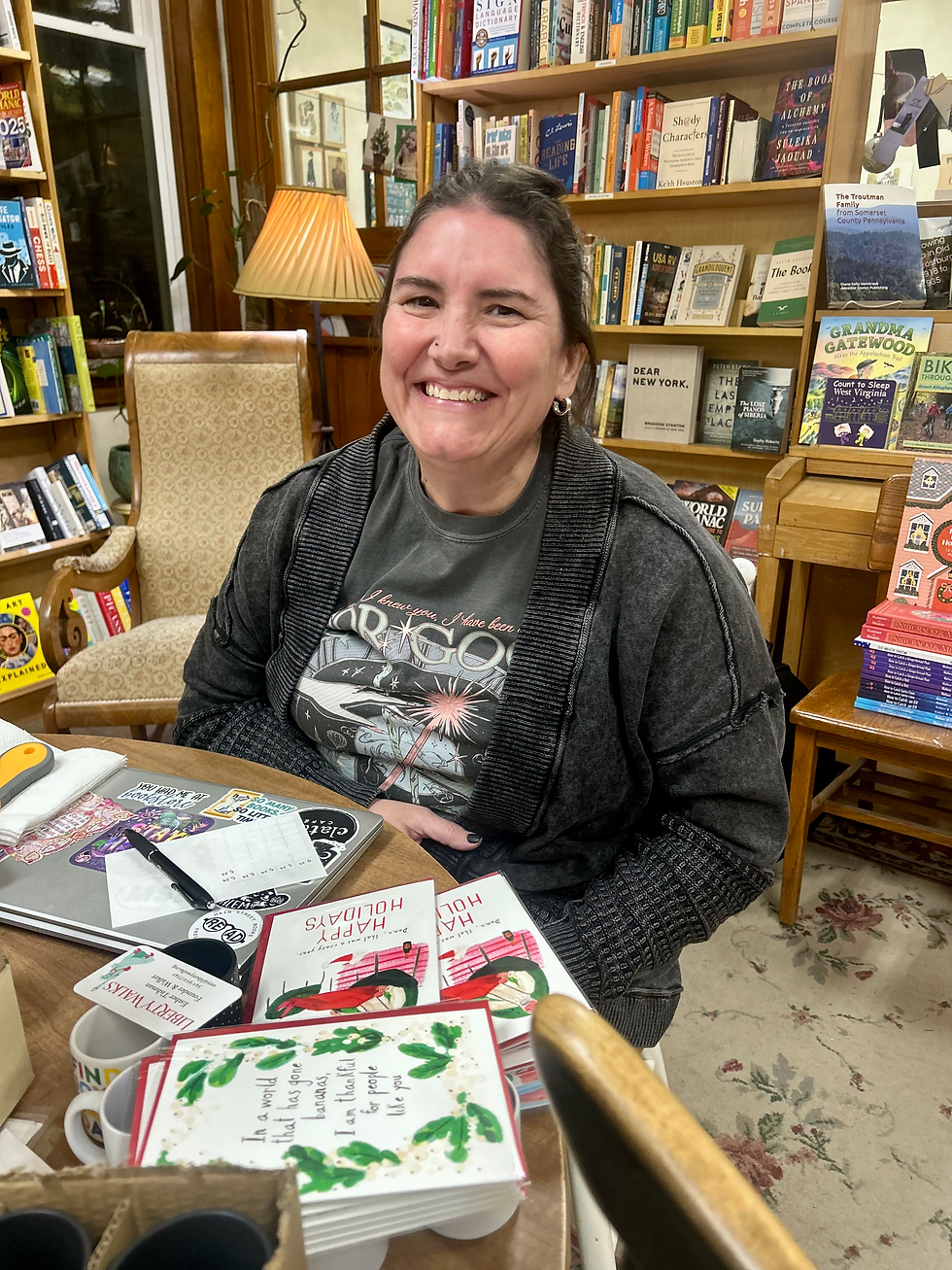 Jen Porter, owner of Main Street Books, Frostburg, MD. What a delight! A large, beautifully curated independent bookstore - open in the evening!