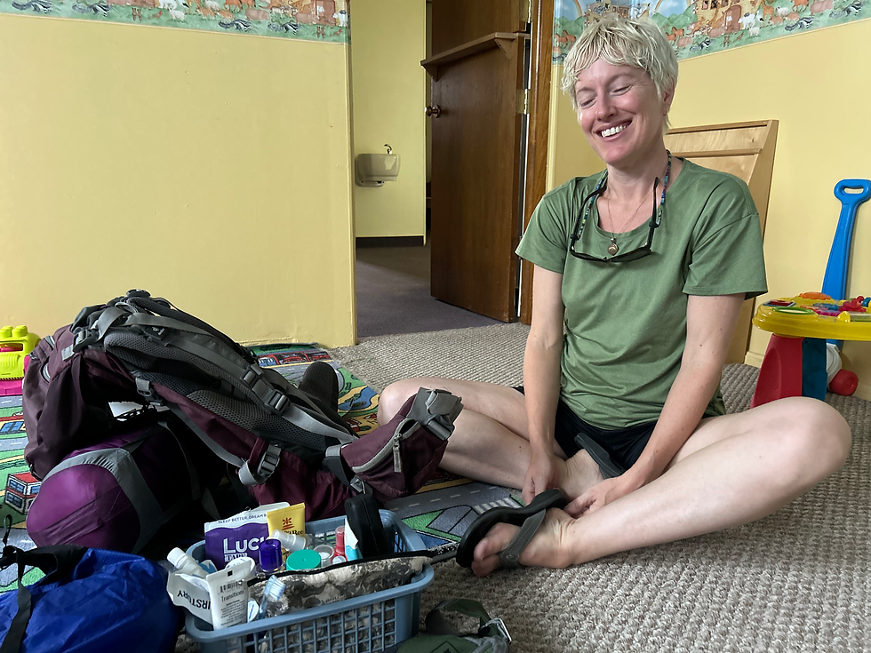 Happy camper: Kate setting up for the night in the nursery at the Ashton United Methodist Church.