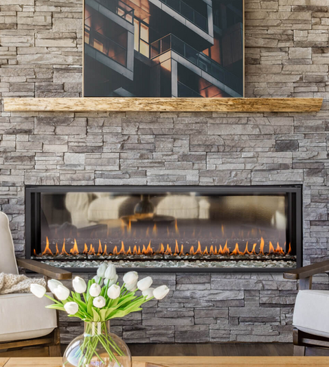 Linear fireplace with flowers