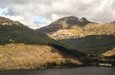 Sunlit Scottish mountain rising above forested valley and loch