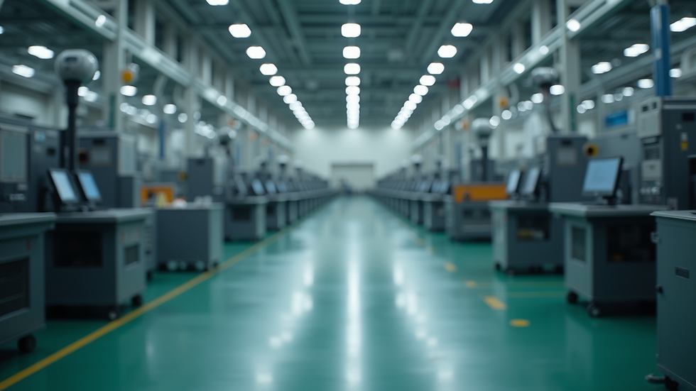 Eye-level view of a factory floor with automated machinery