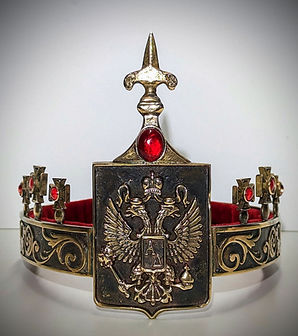 Bronze King's crown with ruby embellishments and engraved and cast details of monarchy crest
